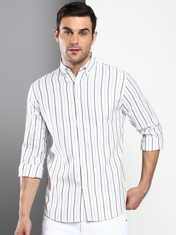 Men's Striped White Slim Fit Oxford Cotton Casual Shirt With Button Down Collar & Full Sleeves (C9039_White_S)