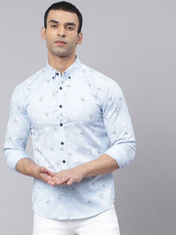 Men's Floral Print Sky Blue Slim Fit Cotton Casual Shirt