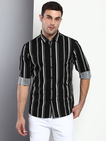 Men's Striped Black Slim Fit Cotton Casual Shirt With Spread Collar & Full Sleeves