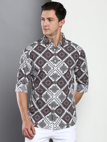 Men's Printed White Slim Fit Satin Casual Shirt With Spread Collar & Full Sleeves