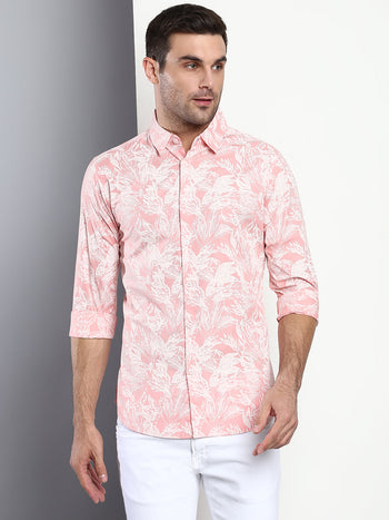 Men's Floral Pink Slim Fit Cotton Casual Shirt With Spread Collar & Full Sleeves