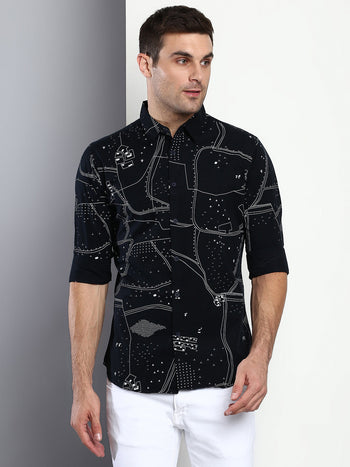 Men's Geometric Print Navy Slim Fit Cotton Casual Shirt With Spread Collar & Full Sleeves