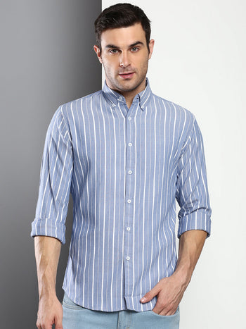 Men's Striped Blue Slim Fit Oxford Cotton Casual Shirt With Button Down Collar & Full Sleeves (C9039_Blue_S)