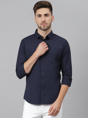 Dennis Lingo Men's Cotton Navyblue Solid Casual Shirt