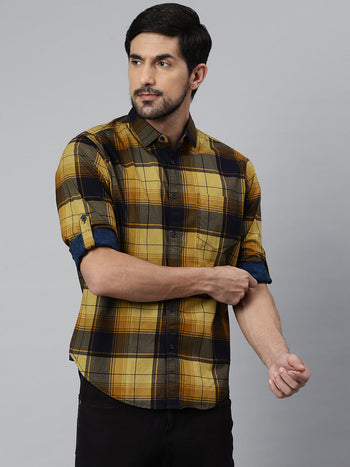 Men's Cotton Checkered Mustard Slim Fit Casual Shirt