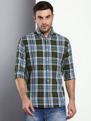 Men's Plaid Olive Slim Fit Cotton Casual Shirt With Button Down Collar & Full Sleeves