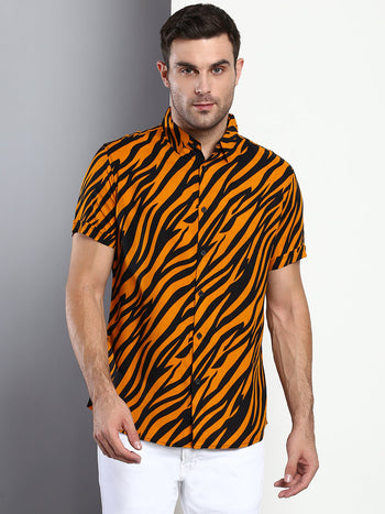 Men's Animal Print Orange Slim Fit Rayon Casual Shirt With Spread Collar & Half Sleeves