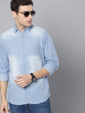 Men's Denim Light Blue Solid Casual Shirt