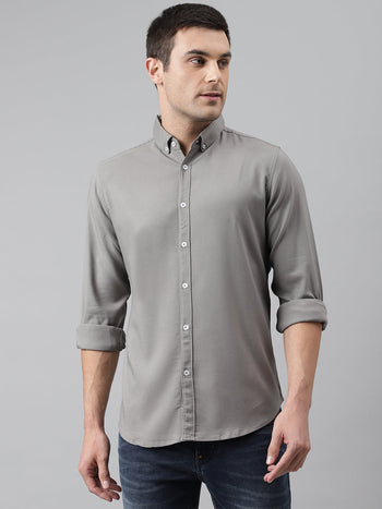 Men's Solid Grey Slim Fit Cotton Casual Shirt