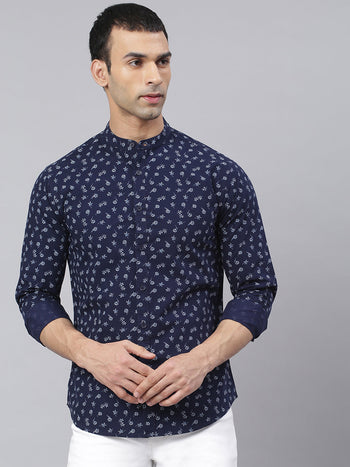 Men's Floral Prints Slim Fit Mandarin Full Sleeves Shirt (Navy)