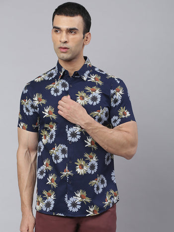 Men's Floral Prints Slimfit Half Sleeves Spread Collar Shirts (Navy)