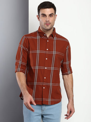 Men's Plaid Brown Slim Fit Cotton Casual Shirt With Spread Collar & Full Sleeves