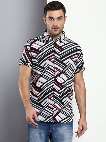 Men's Abstract Print Light Grey Slim Fit Rayon Casual Shirt With Spread Collar & Half Sleeves