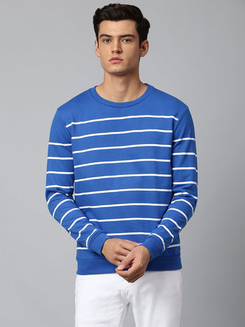 Men's Cotton Blend Full Sleeves Striped Sweatshirt - Regular-Fit Crew Neck And Lightweight Casual Winterwear  (Cobalt Blue)