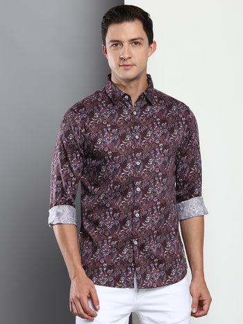 Men's Printed Wine Slim Fit Satin Casual Shirt With Spread Collar & Full Sleeves