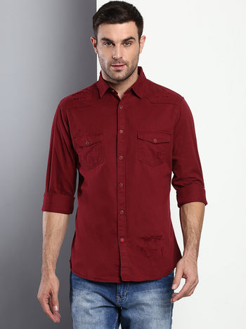 Men's Solid Slim Fit Spread Collar Cotton Casual Shirt Maroon