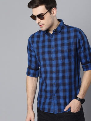 Dennis Lingo Men's Checkered Blue Slim Fit Casual Shirt