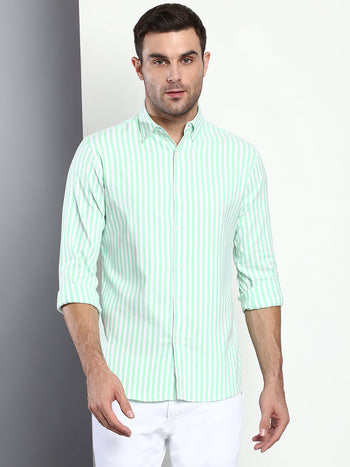 Men's Striped Green Slim Fit Cotton Casual Shirt With Button Down Collar & Full Sleeves