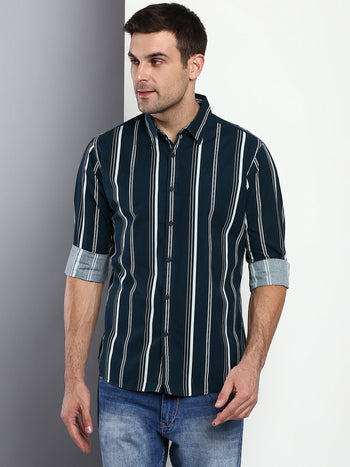 Men's Striped Navy Slim Fit Cotton Casual Shirt With Spread Collar & Full Sleeves