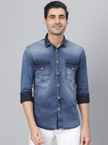 Men's Denim Slim Fit Cotton Full Sleeves Casual Shirt With Spread Collar