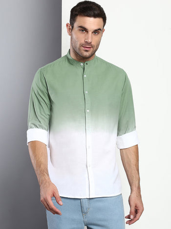 Men's Ombre Dusty Green Slim Fit Cotton Casual Shirt With Mandarin Collar & Full Sleeves