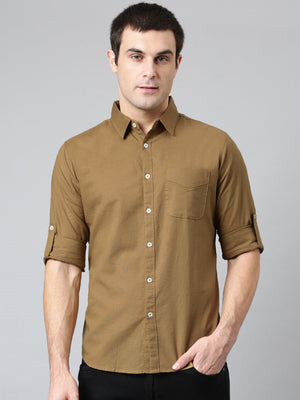 Dennis Lingo Men's Cotton Solid Brown Slim Fit Casual Shirt