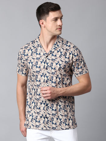 Men's Floral Blue Slim Fit Casual Shirt With Cuban Collar