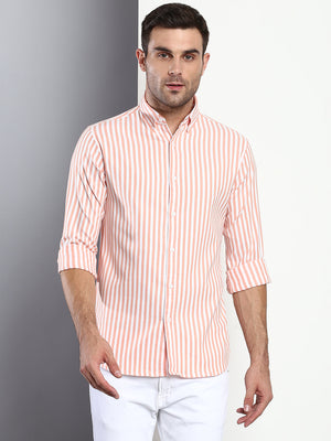 Dennis Lingo Men's Striped Peach Slim Fit Cotton Casual Shirt With Button Down Collar & Full Sleeves