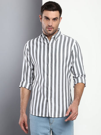 Men's Striped Black Slim Fit Cotton Casual Shirt With Button Down Collar & Full Sleeves