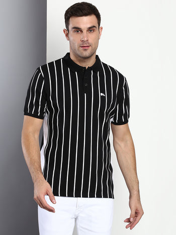 Men's Casual Slim Fit Polo Neck T-Shirt Half Sleeve Striped Pure Cotton T-Shirt