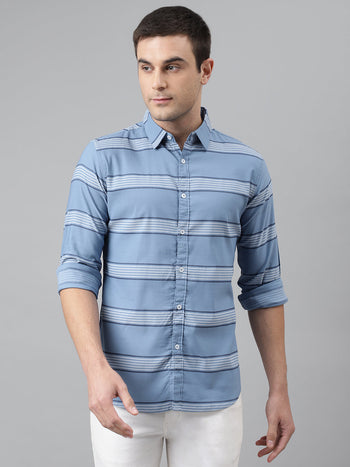 Men's Stripes Blue Slim Fit Cotton Casual Shirt