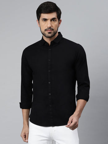 Men's Solid/Plain  Slim Fit Spread Collar Shirt (Black)