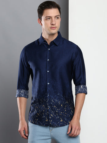 Men's Printed Blue Slim Fit Satin Casual Shirt With Spread Collar & Full Sleeves