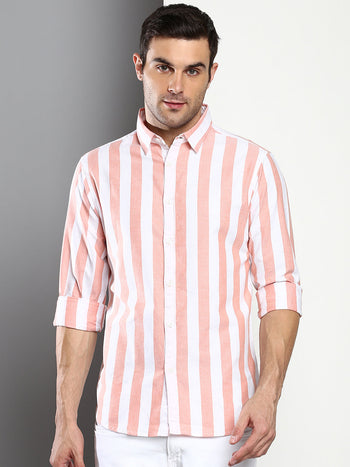 Men's Striped Orange Slim Fit Oxford Cotton Casual Shirt With Spread Collar & Full Sleeves (C9038_Orange_S)