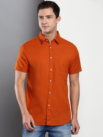 Men's Solid Rust Slim Fit Cotton Linen Casual Shirt With Spread Collar & Half Sleeves