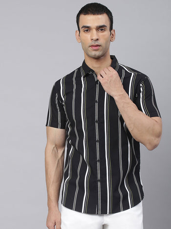 Men's Striped Black Slim Fit Cotton Casual Shirt