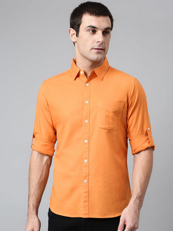 Men's Cotton Solid Orange Slim Fit Casual Shirt