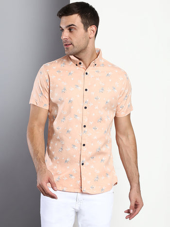 Men's Floral Peach Slim Fit Cotton Casual Shirt With Button Down Collar & Half Sleeves