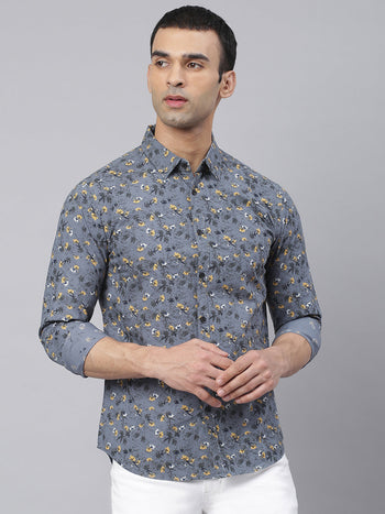 Men's Floral Print Grey Slim Fit Cotton Casual Shirt