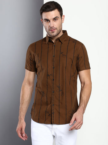 Men's Striped Brown Slim Fit Cotton Casual Shirt With Spread Collar & Half Sleeves