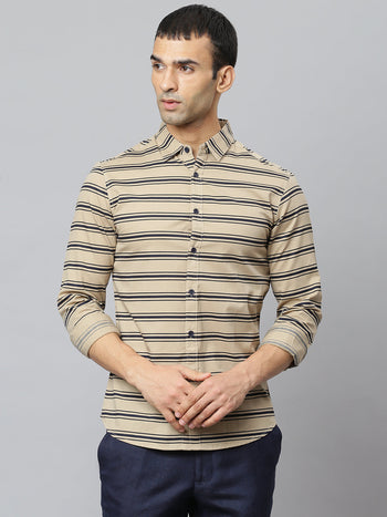 Men's  Spread Collar Full Sleeves Horizontal Stripes Shirt (Khaki)