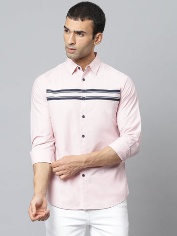 Men's Horizontal Stripes Spread Collar Full Sleeves Shirt (Pink)