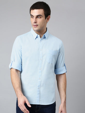 Men's Cotton Solid Skyblue Slim Fit Casual Shirt