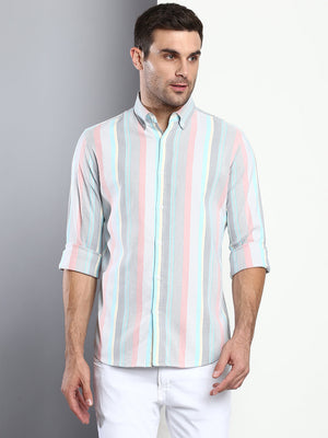 Dennis Lingo Men's Striped Peach Slim Fit Cotton Casual Shirt With Button Down Collar & Full Sleeves