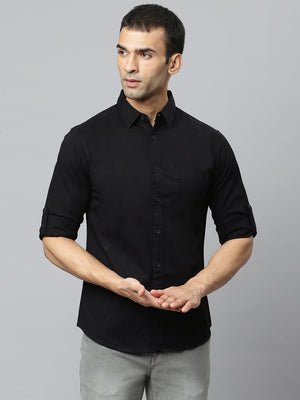 Dennis Lingo Men's Solid Black Slim Fit Cotton Casual Shirt