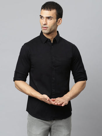 Men's Solid Black Slim Fit Cotton Casual Shirt