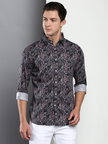 Men's Printed Black Slim Fit Satin Casual Shirt With Spread Collar & Full Sleeves