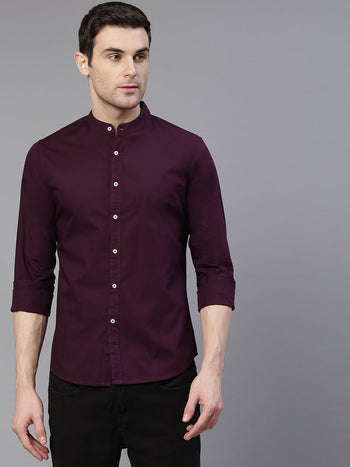 Men's Cotton Solid Mandarin Collar Slim Fit Casual Shirt