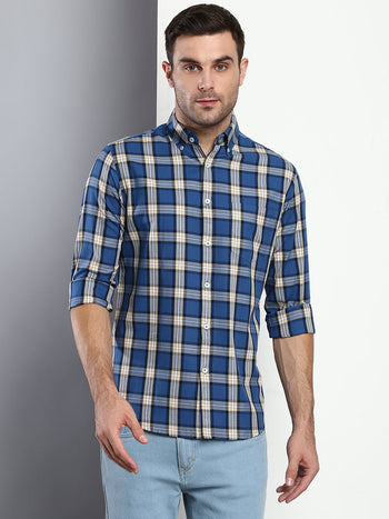 Men's Plaid Blue Slim Fit Cotton Casual Shirt With Button Down Collar & Full Sleeves