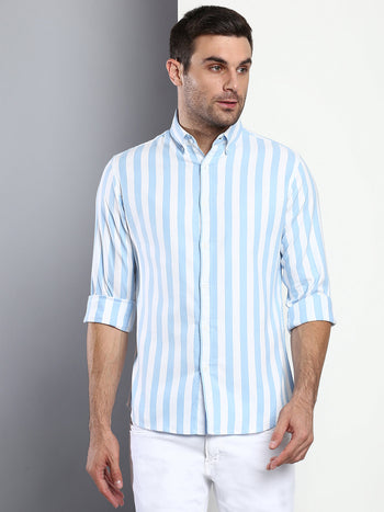 Men's Striped Sky Blue Slim Fit Cotton Casual Shirt With Button Down Collar & Full Sleeves